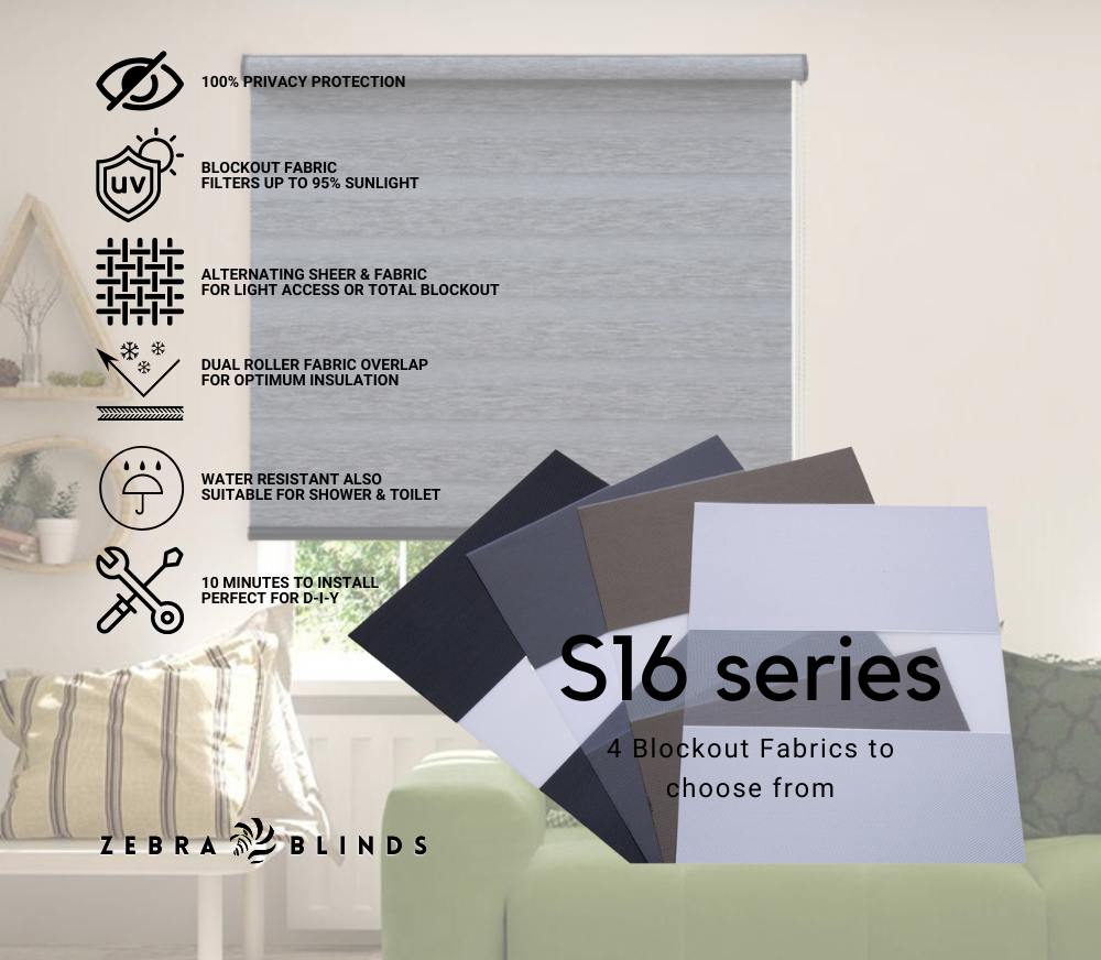 S16 Series Blockout  Zebra Blinds - 4 Colour Options Available