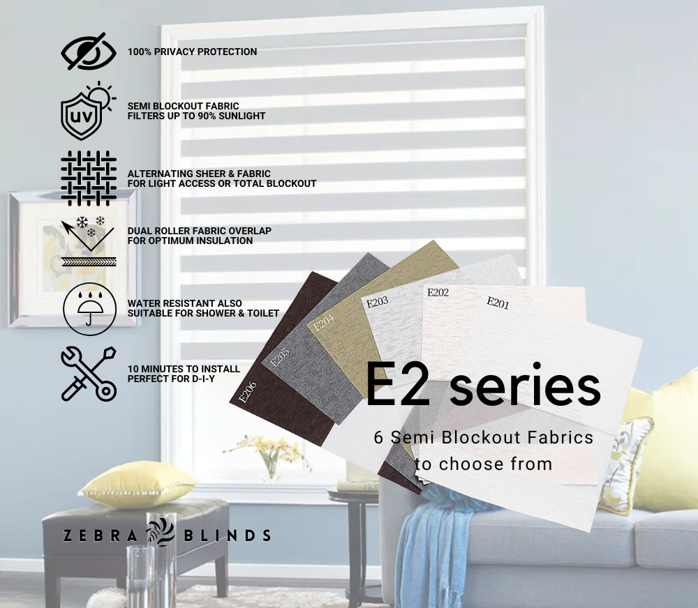E2 Series Semi Blockout Zebra Blinds - 6 Colour Options Available