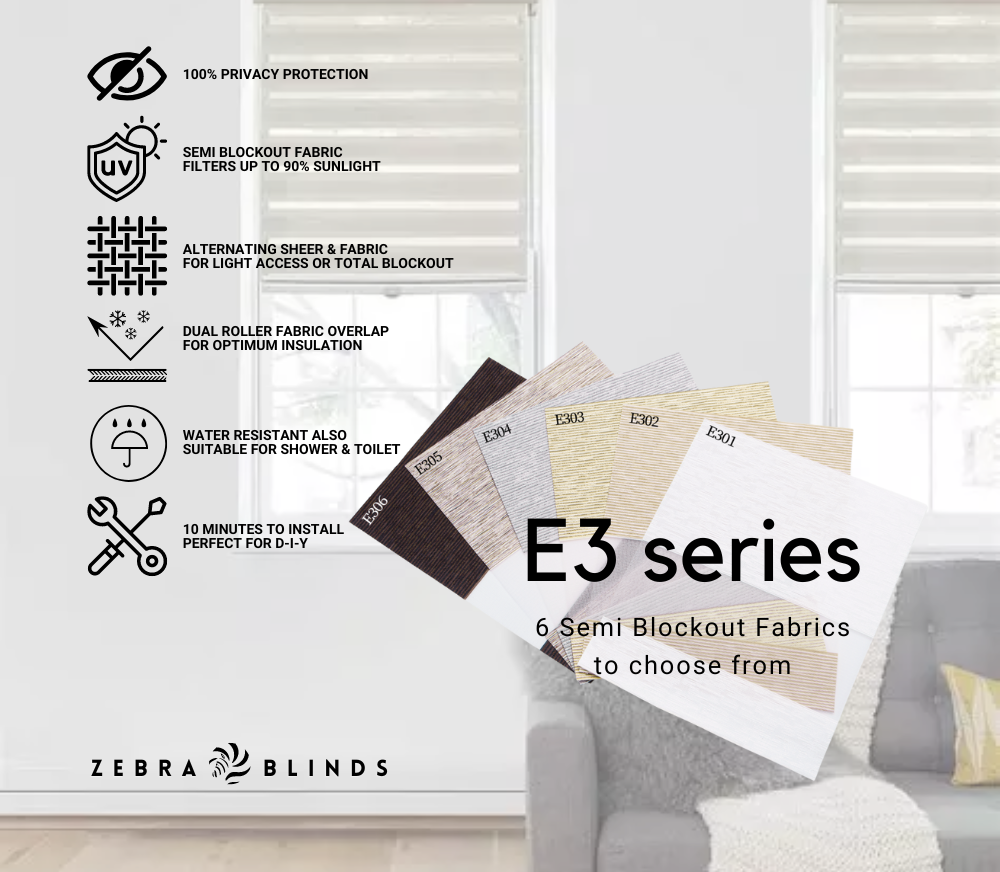 E3 Series Semi Blockout Zebra Blinds - 6 Colour Options Available