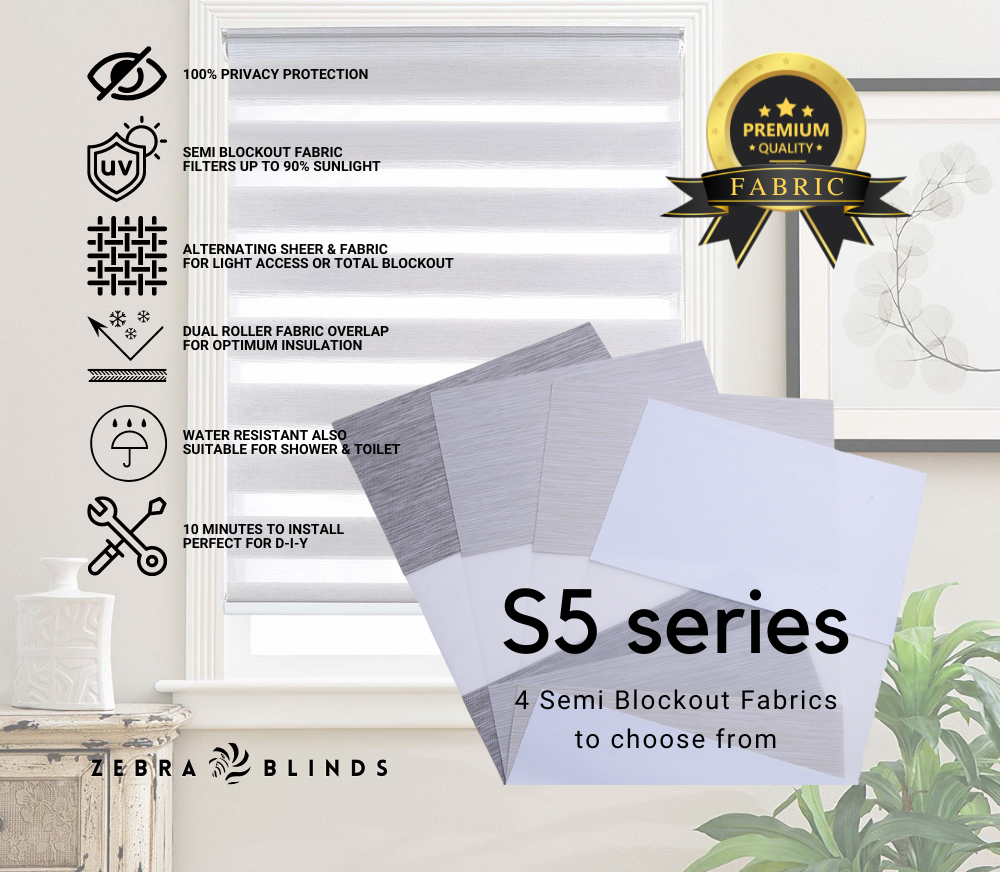 S5 Series Semi Blockout Zebra Blinds - 4 colour options