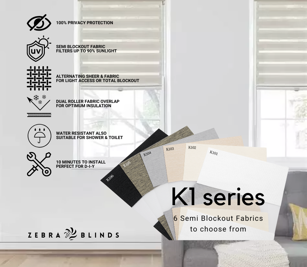 K1 Series Semi Blockout Zebra Blinds - 6 Colour Options Available